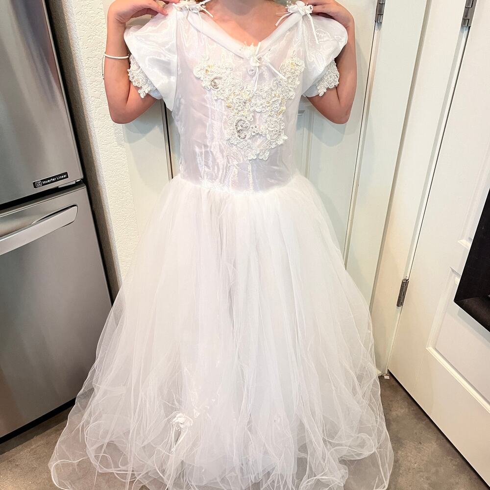 Vintage 80s White Formal Tool Ballgown Dress communion wedding flower girl 10/12